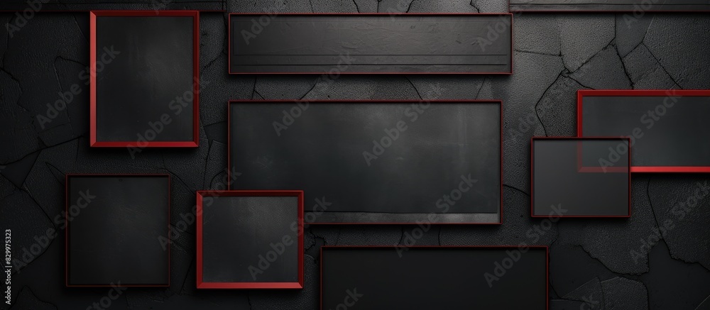 Poster A collection of photo frames with tape placed on a textured black leather background creating a copy space image