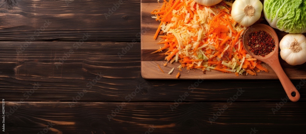 Poster the cutting board with chopped cabbage and carrot is placed on a brown wooden background it is seen 