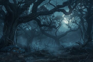 Hauntingly Dark Forest Under Moonlit Sky Shrouded in Eerie Mist and Gnarled Trees