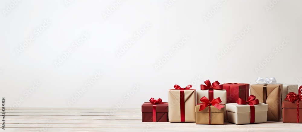 Poster there is a copy space image featuring red and brown gift boxes arranged on a wooden surface and a wh