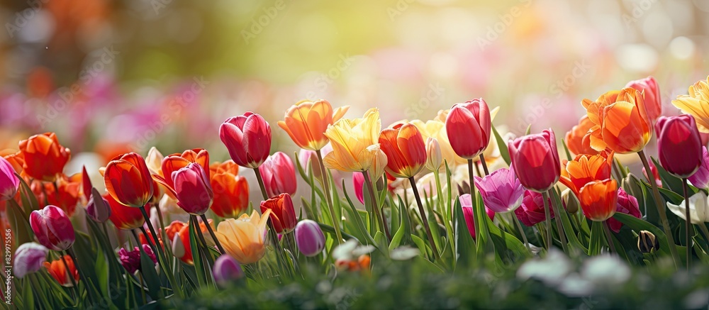 Poster The garden is filled with vibrant tulip flowers creating a colorful and visually appealing scene Enjoy a lovely day surrounded by this beautiful copy space image