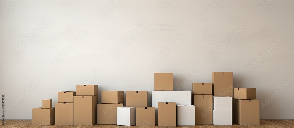 Poster close up of a group of cardboard boxes arranged against a copy space image of a white wooden wall