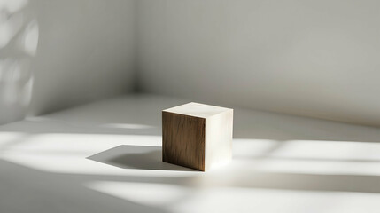 A minimalist wooden cube placed in a sunlit room, casting soft shadows. The clean lines and natural light create a serene and elegant atmosphere, highlighting the simplicity and modern design