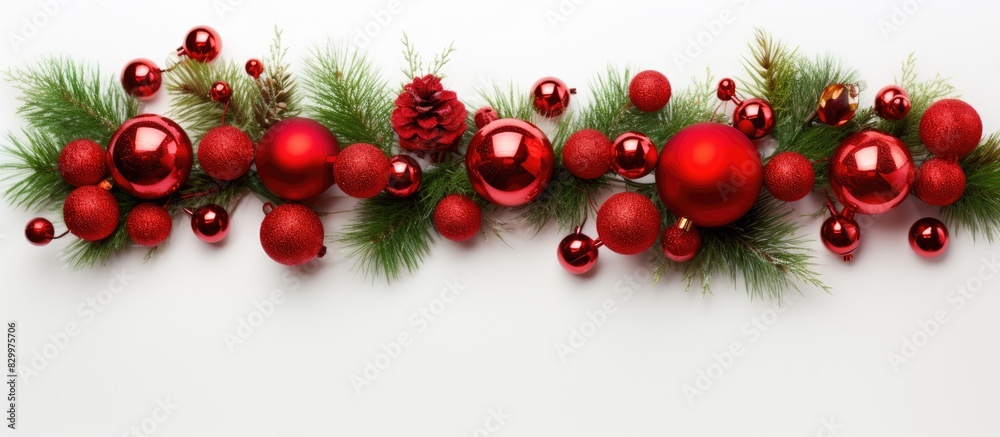 Poster a festive christmas arrangement featuring a garland of red balls and fir tree branches on a white ba
