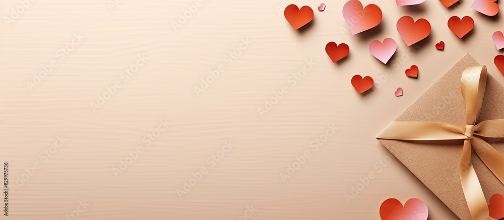 Poster Copy space image featuring a panoramic mock up scene adorned with a craft paper envelope decorated with blue hearts indicative of occasions like birthdays Father s Day and Valentine s Day