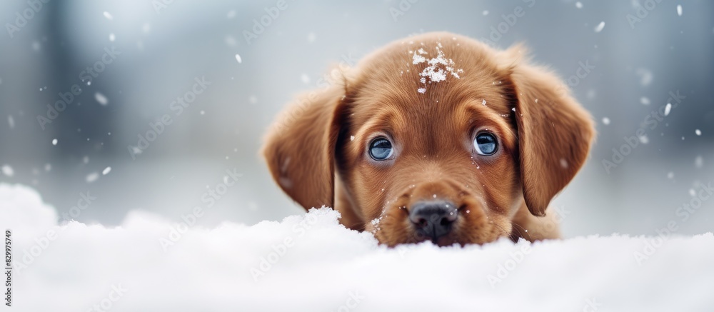 Poster Attentive red puppy in snowy surroundings gazing directly at the camera Ample copy space for text or graphics