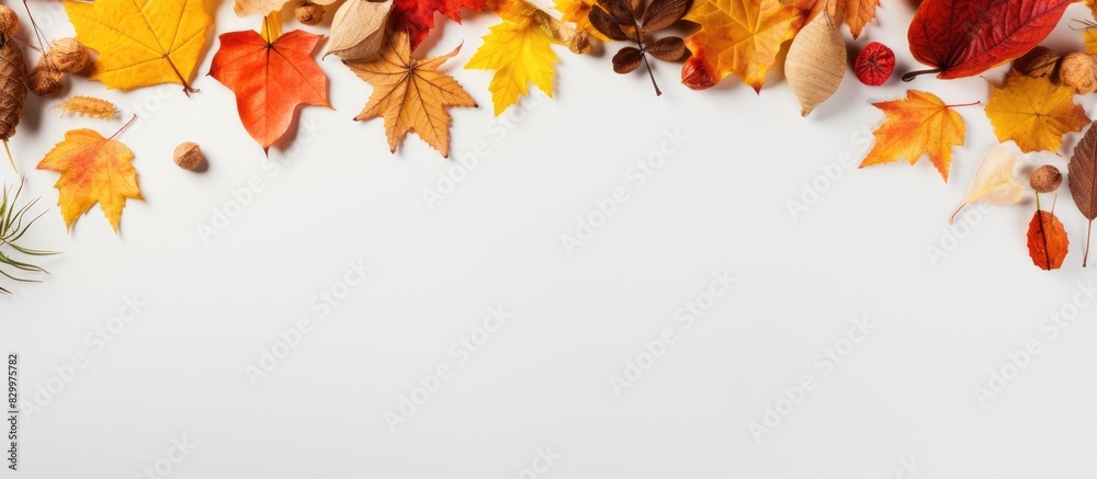 Aufkleber Copy space image of an autumn themed background with a frame created from dried leaves Perfect for capturing the mood of fall Thanksgiving Day and the beauty of the season It features a flat lay persp