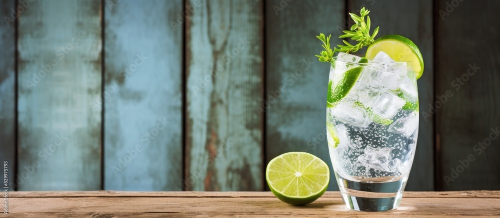 Poster Copy space image of a gin tonic garnished with lime wedges on a rustic wooden table with a charming backdrop