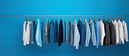 A blue background with hangers for clothes featuring copy space image