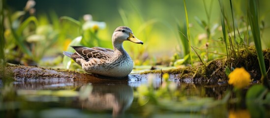 Fototapeta premium A female mallard duck can be seen wading in a wetland area surrounded by lush vegetation and reflecting in the peaceful copy space image