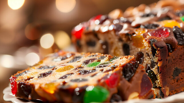 A festive fruitcake adorned with colorful candied fruits, captured in a close-up view. The rich and delicious holiday dessert is perfect for celebrations and special occasions