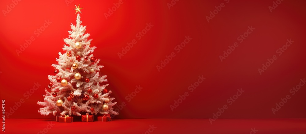 Poster closeup of a stunning christmas tree on a vibrant red background perfect for copy space image