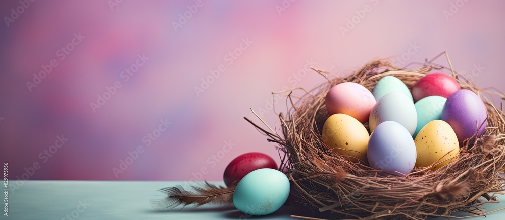 Aufkleber There is a colorful nest with Easter eggs on a pastel background and plenty of copy space