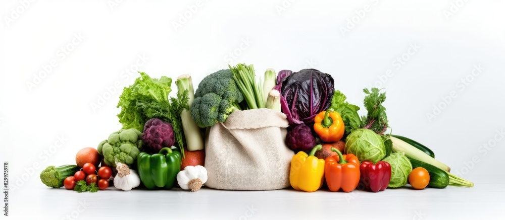 Poster a panorama of a white background showcases a fresh mix of vegetables neatly packed in a zero waste c