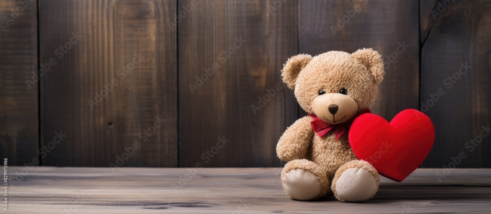 Poster a cute teddy bear with a red heart surrounded by a wooden backdrop perfect for valentine s day enhan