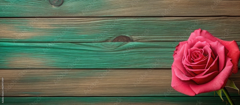 Poster In a full frame view a colorful background texture of green stained wood is complemented by a single rose colored wood plank border at the top creating an excellent copy space image
