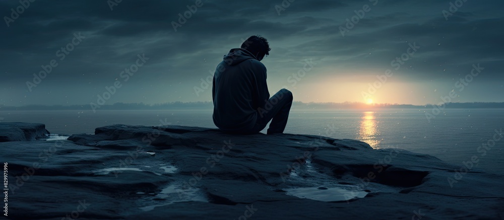 Poster depression is depicted by a lonely forlorn figure sitting on the edge with a melancholic aura surrou
