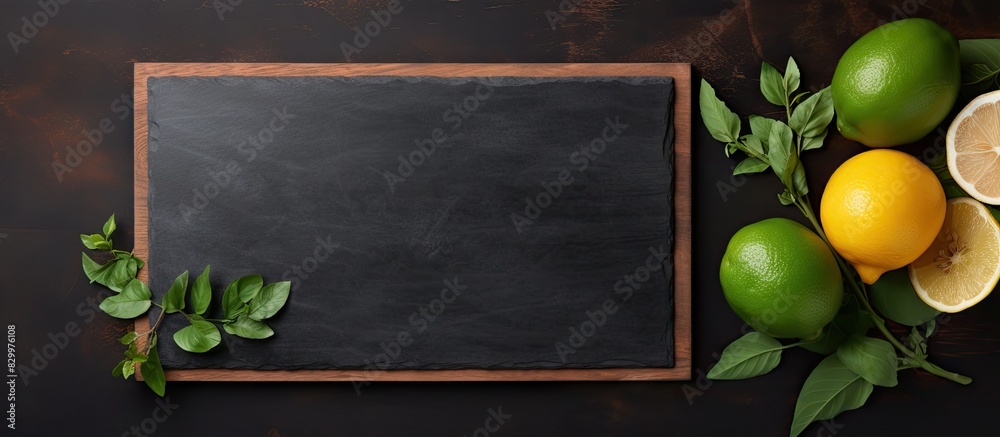 Poster a black slate cutting board is placed on a green napkin against a dark slate background providing am