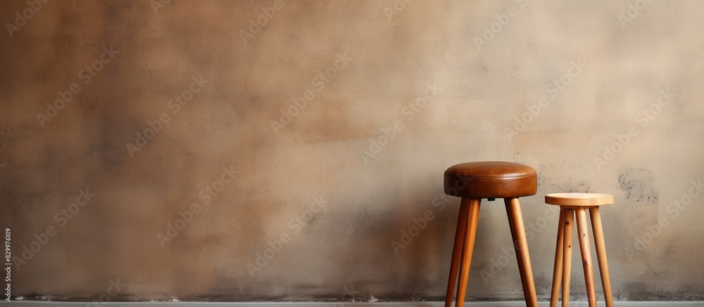 Poster Indoor next to a brown wall there is a chic stool There is enough space on the wall for adding text or images. with copy space image. Place for adding text or design