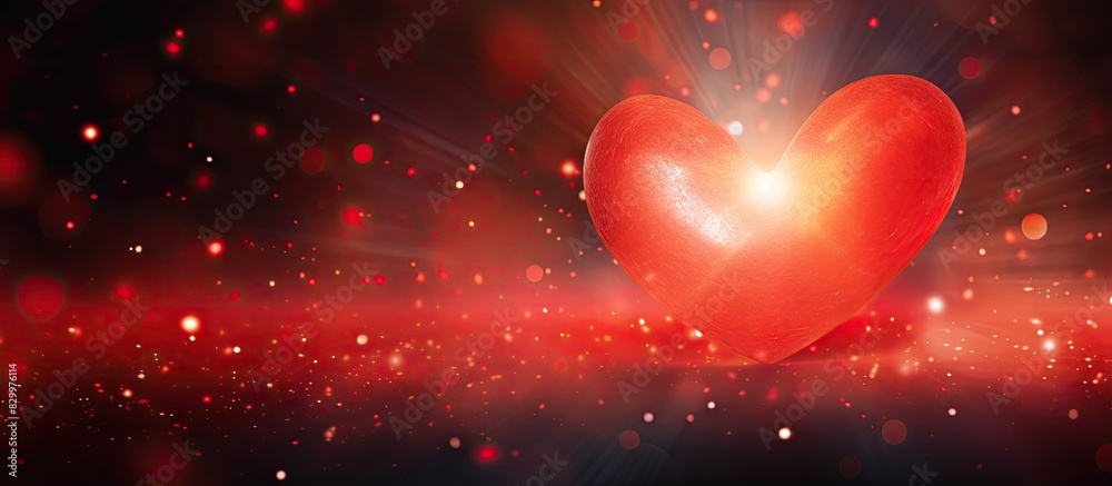 Poster copy space image featuring a red heart on a vibrant red backdrop accentuated by mesmerizing light ef