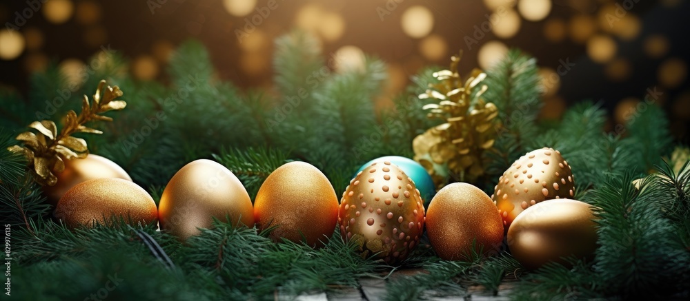 Poster high quality photo of easter eggs surrounded by greenery providing copy space for text promo or mess