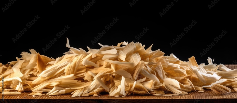 Aufkleber Copy space image of fresh wood shavings on black background providing an empty space for text