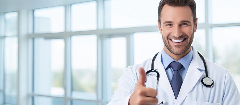 In a medical office a male doctor in a white coat shows a thumbs up gesture while holding a tablet computer with a blank screen symbolizing the intersection of profession people technology advertisem