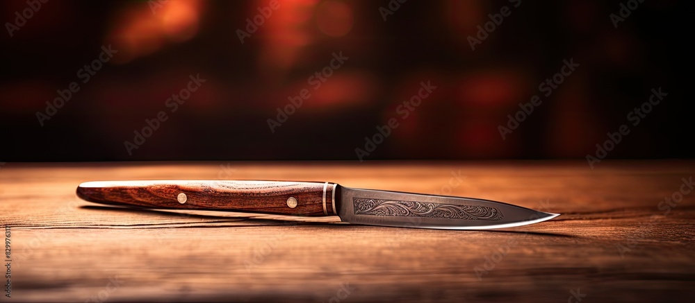 Poster Closeup of a wooden straight razor on a table with copy space image