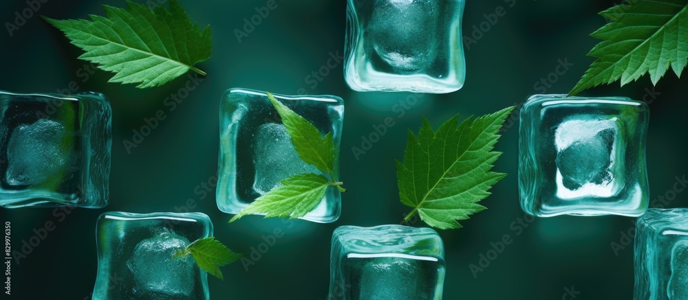 Poster leaves are trapped inside ice cubes in this copy space image