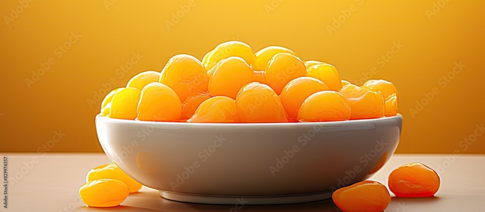 Poster image of a bowl filled with canned apricot fruit perfect for a delightful dessert with plenty of cop
