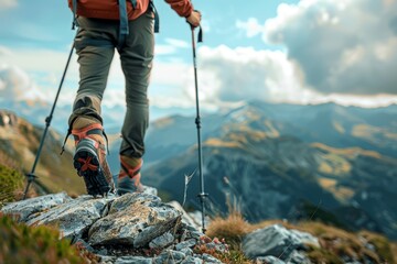 Hiker Using Trekking Poles for Leg Support During Mountain Hike with Stunning Panoramic Views