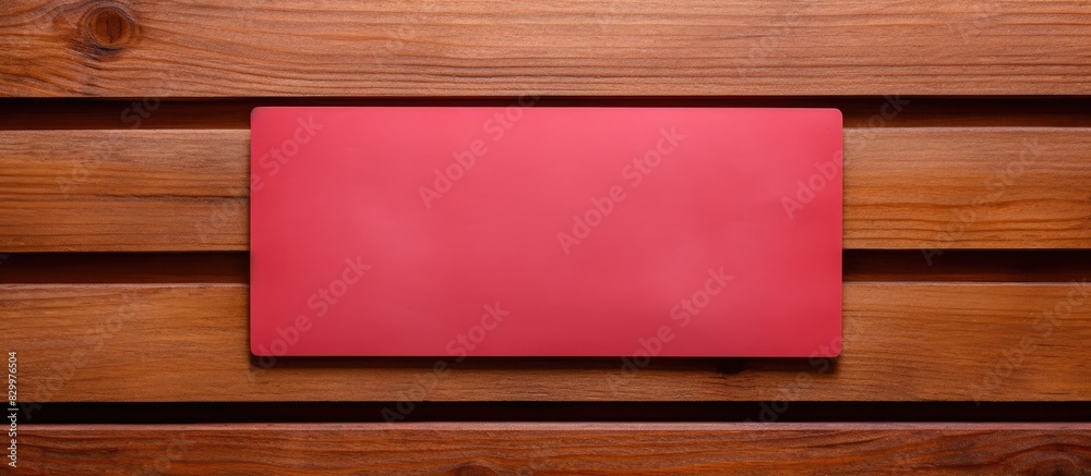 Poster A copy space image featuring a pink post it note and laptop keyboard placed on a red wood background that appears to be empty