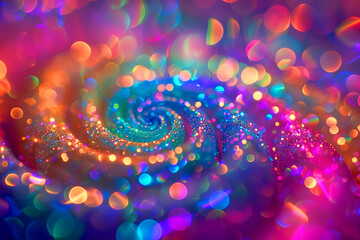 A colorful swirl of glittery lights with a rainbow effect. The colors are bright and vibrant. a rainbow swirling neon light, ornate spiral pattern, rainbow colors, made of opals, blurred wallpapers,