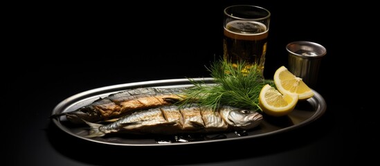 Copy space image of a half viewed long plate showcasing the traditional Turkish alcoholic drink Raki and fried horse mackerel istavrit on a black surface