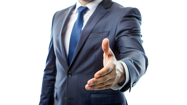 close-up of businessman with open hand out isolated background
