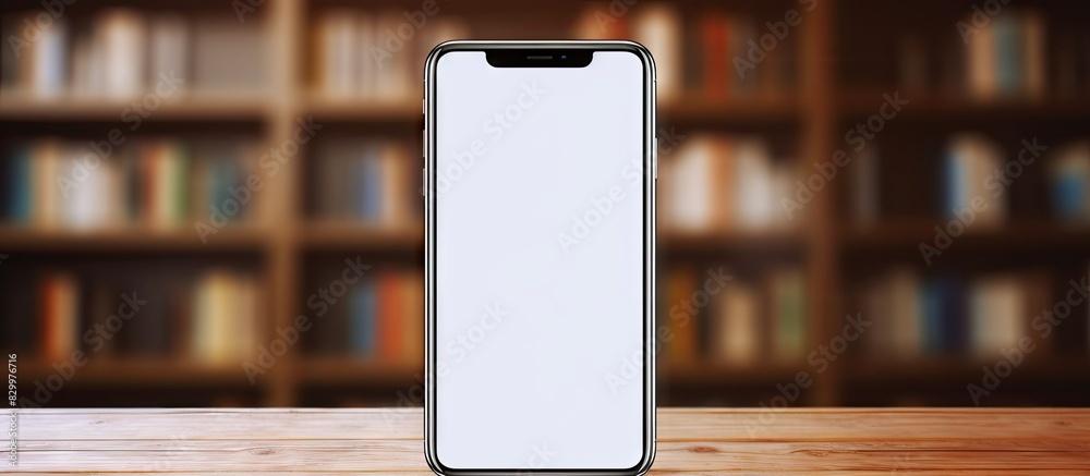 Poster There is a copy space image of a mock up with a white screen smartphone and an empty book resting on a desk