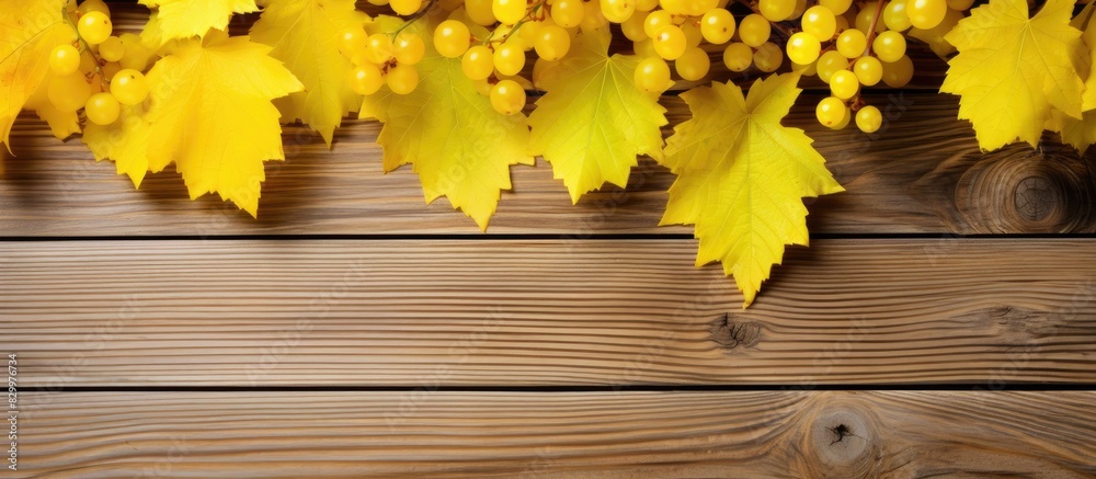 Aufkleber Golden currant leaves on a wooden background create a vibrant autumn scene with ample room for additional elements in the copy space image