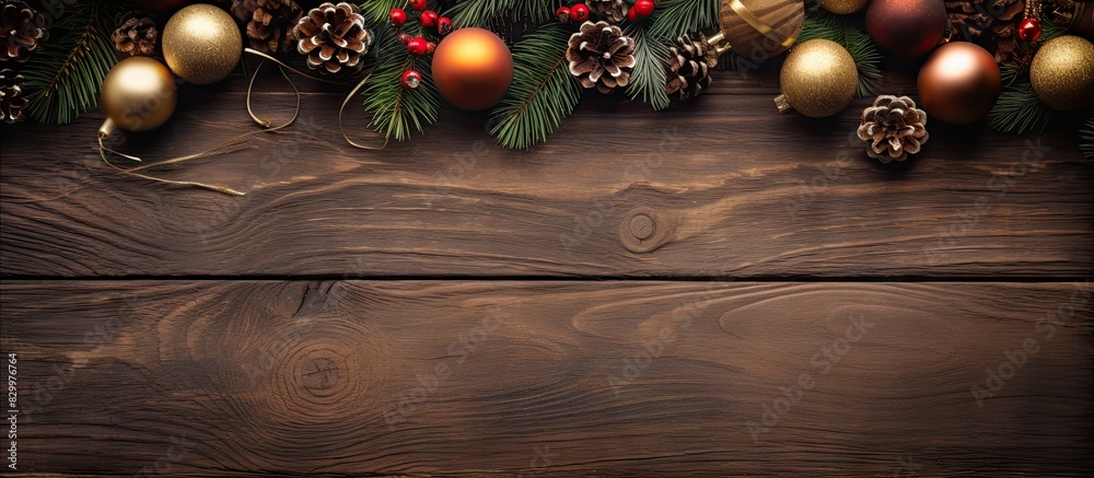 Poster An ornate Christmas decoration frames the copy space image on a wooden plank background creating a festive border The above view adds to the New Year concept
