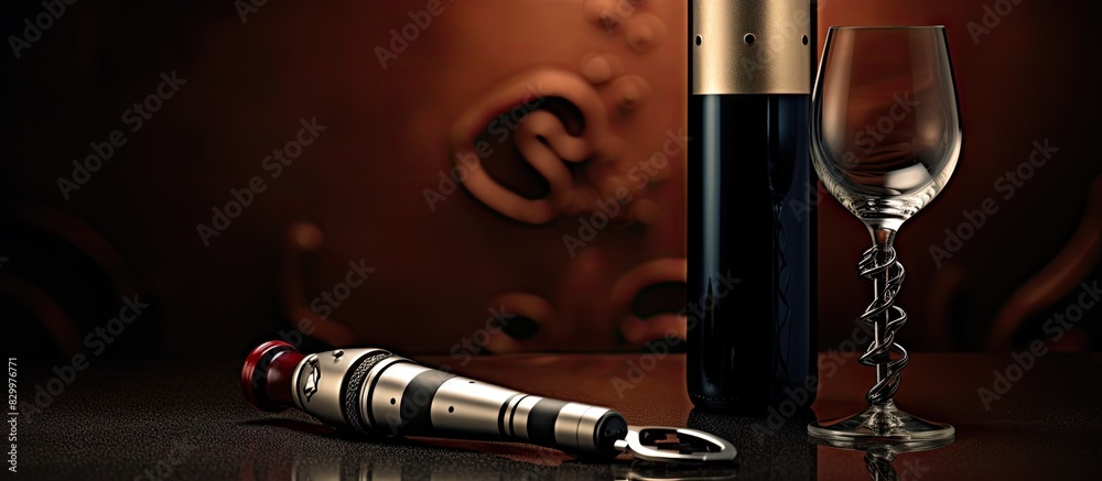 Poster There is a bottle of high end luxury wine accompanied by a corkscrew in the image with available copy space for text