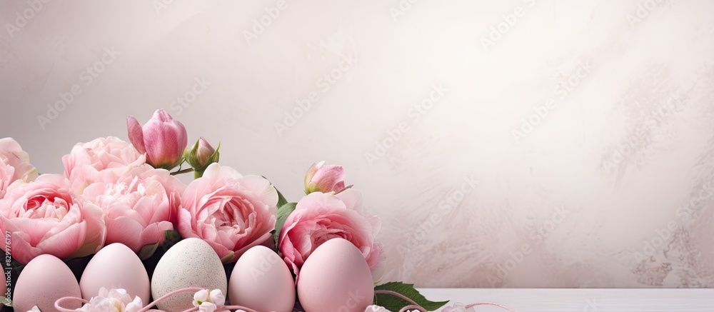 Poster A light background with pink Easter eggs and roses providing ample copy space for additional elements