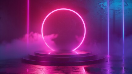 3D glowing abstract background with neon lights, circular gate and reflective platform floor.