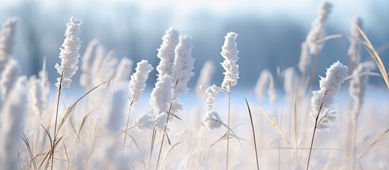 Close up image of plants in a snowy field with ample copy space for text or graphics next to them
