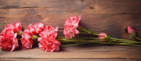 A copy space image of carnation flowers placed on a rustic wooden table