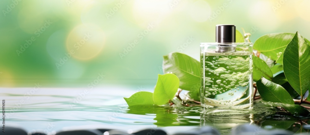 Poster Closeup of a bottle of face serum accompanied by spa stones and a leaf submerged in water on a light background Ideal for adding text. with copy space image. Place for adding text or design