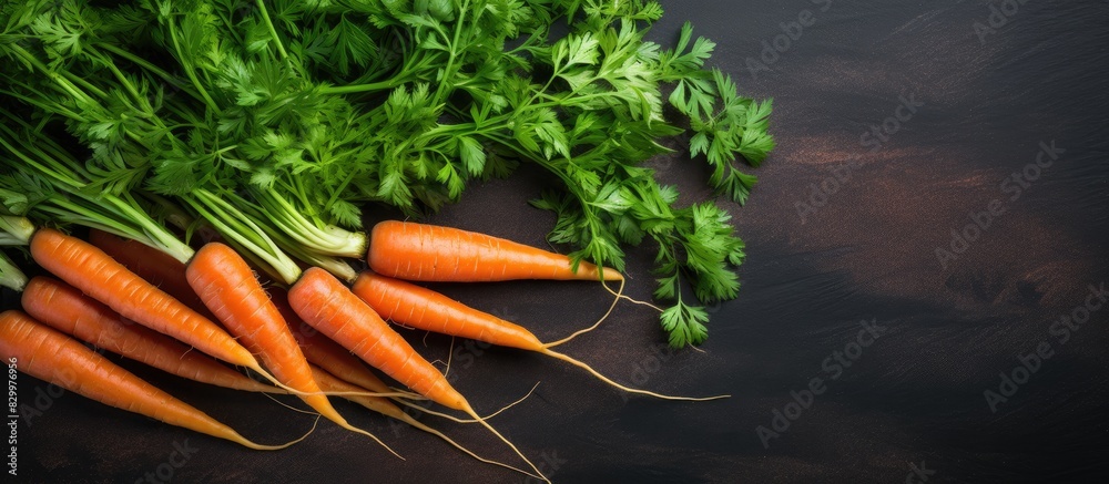 Aufkleber A top view of a bunch of fresh carrots on a cutting board placed on a dark stone table creating a food concept with copy space image
