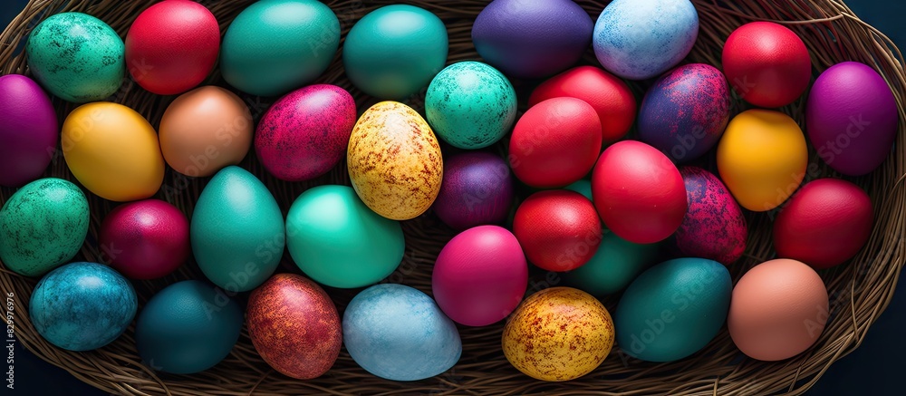Poster Close up top view of a wicker basket filled with vibrant Easter eggs placed against a colorful backdrop Ample copy space in the image