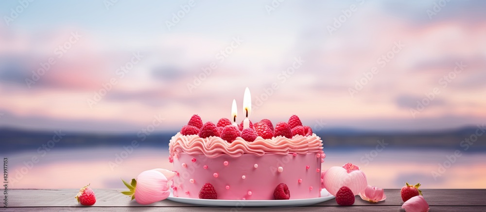 Poster close up copy space image of a beautiful pink birthday cake adorned with berries topped with a singl
