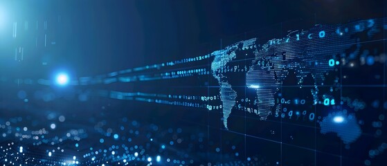Abstract digital world map on blue background with binary code and global network connection technology concept, data transfer and cyber security in the cyberspace