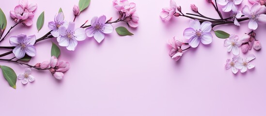 A creative trend composition of apple flowers with violet leaves on a pink paper background The...
