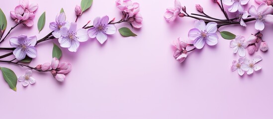 Obraz premium A creative trend composition of apple flowers with violet leaves on a pink paper background The flat lay top view showcases a floral pattern creating a layout that resembles a greeting card The paste